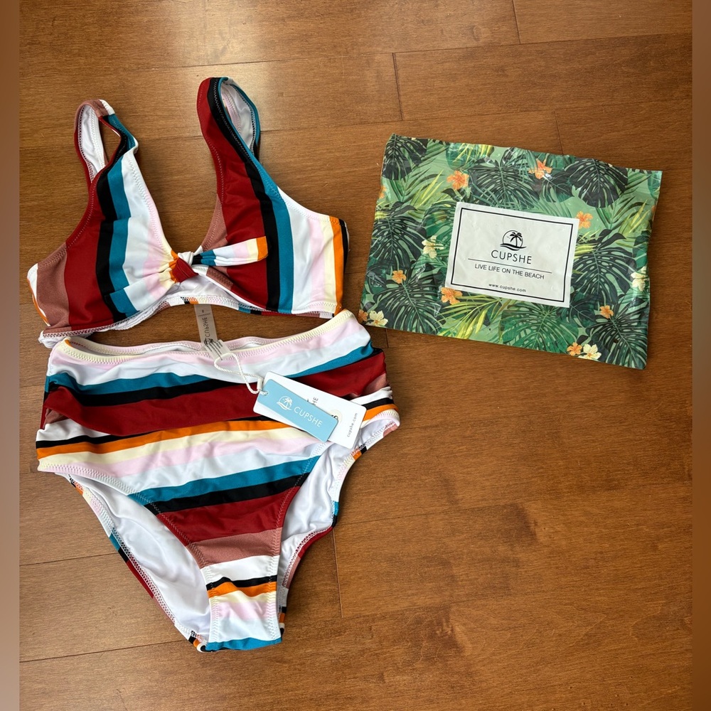 NWT Cupshe • Colourful Sruped Highwaisted Bikini • Size Small